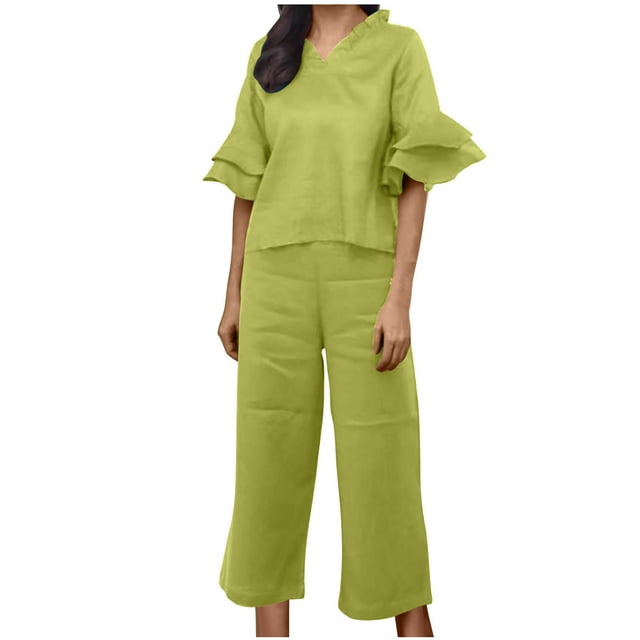AherBiu Cotton Linen Sets for Women Layered Ruffle Short Sleeve V Neck Tops Pants 2 Piece Lounge Sets