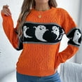 thumbnail image 5 of Defitshape Women's Halloween Knit Pullover Sweater Knitted Sweater Warm Spring Crewneck Fashion Loose Fit Drop Shoulder Short Knitwear Ghost Printed Long Sleeve Fall Top Orange Large, 5 of 5