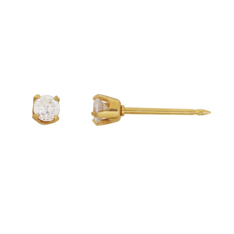 3mm Cubic Zirconia Solitaire Stud Piercing Earrings in Solid Stainless  Steel with 24K Gold Plate - Extra Long Post