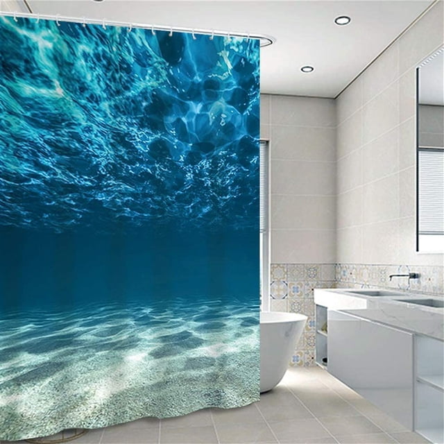 Cortina de ducha azul a prueba de moho, cortina de ducha de tela con gancho, cortina de ducha de baño, patrón de océano, 180 cm * 180 cm