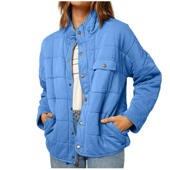 Winter Savings Clearance! Lindreshi Shackets for Women 2023 with Pockets Ladies Solid Color Stand Collar Long Sleeve Casual Padded Jacket