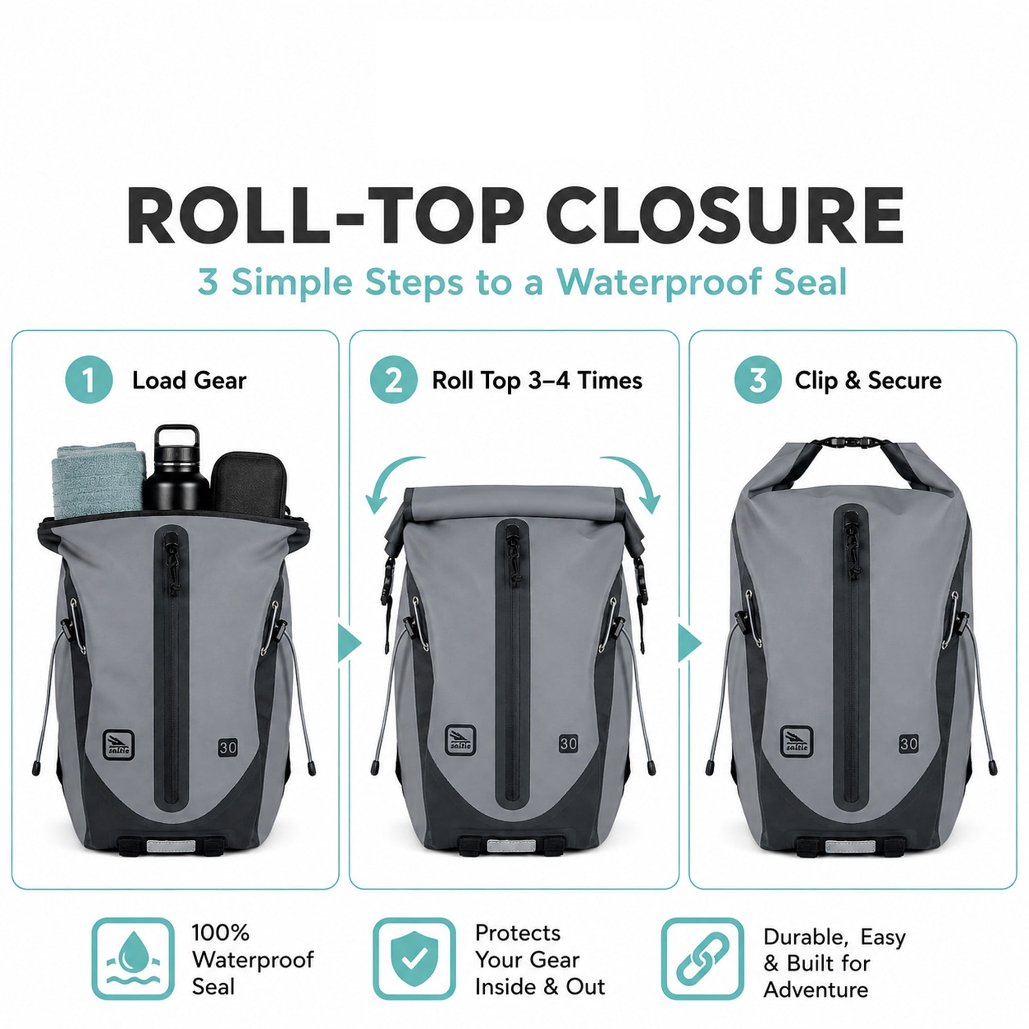 30L Waterproof Dry Bag Backpack with Roll-Top Closure, Front Mesh Pocket and Padded Straps, Gray