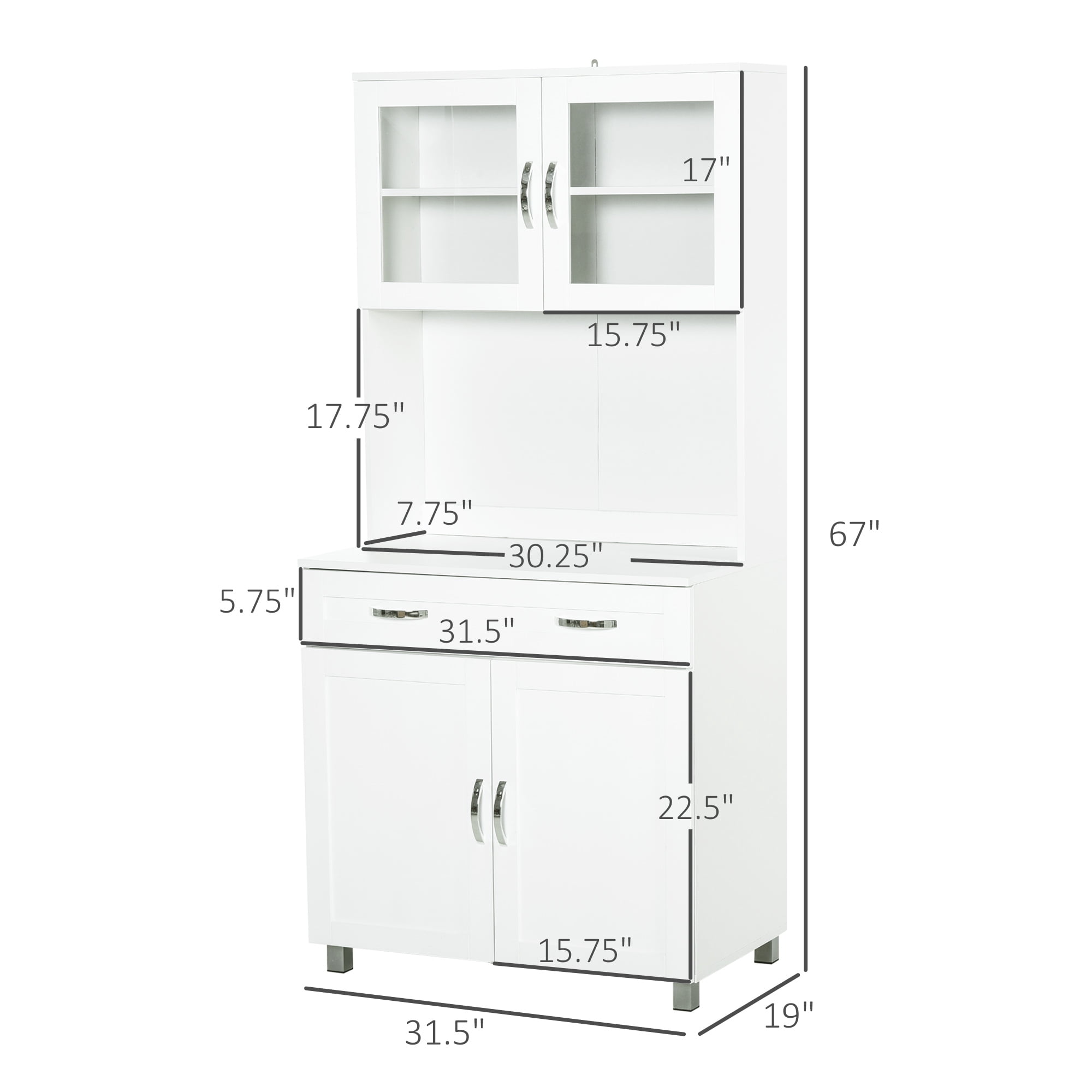 HOMCOM 67" Pantry Cabinet, Modern Kitchen Hutch, Freestanding Storage Cabinet with Glass Doors, Adjustable Shelves and Drawers, White