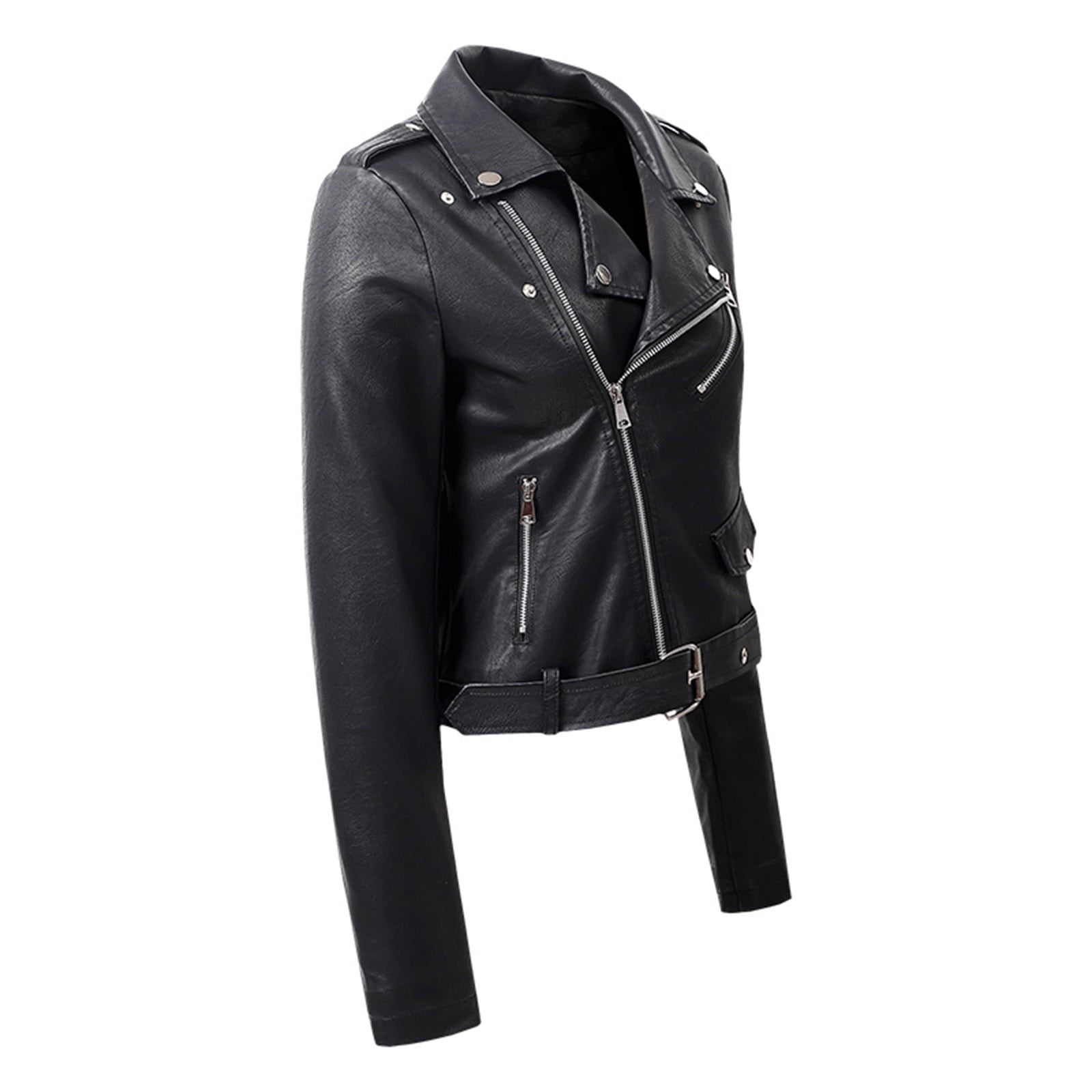 IROINNID Women's Faux Leather Jacket Long Sleeve Notch Lapel Casual Biker Zip Up Jacket,Black
