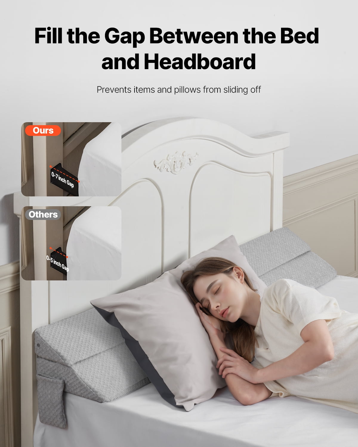 VEVOR Bed Wedge Pillow for Headboard, Queen Size, 60"x10"x6" Bed Gap Filler, Fill 0-7" Gap Between Headboard and Mattress,25D Foam Mattress Wedge Headboard Pillow with Side Pocket,for Backrest,Gray