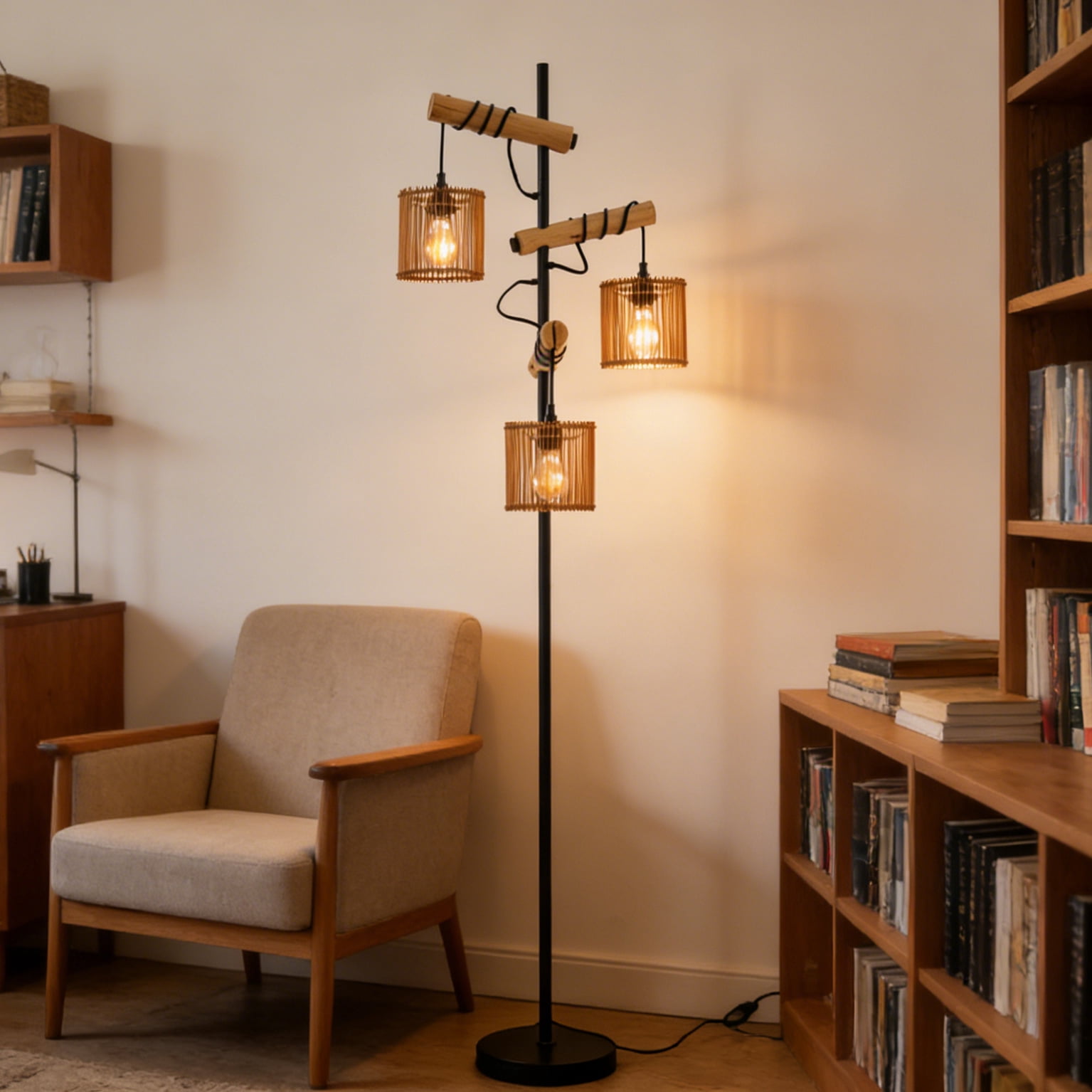 72" Rattan Boho Floor Lamp with Bamboo boho Shade Vintage Standing Lamps for Living Room Bedroom Hotel Bar Office