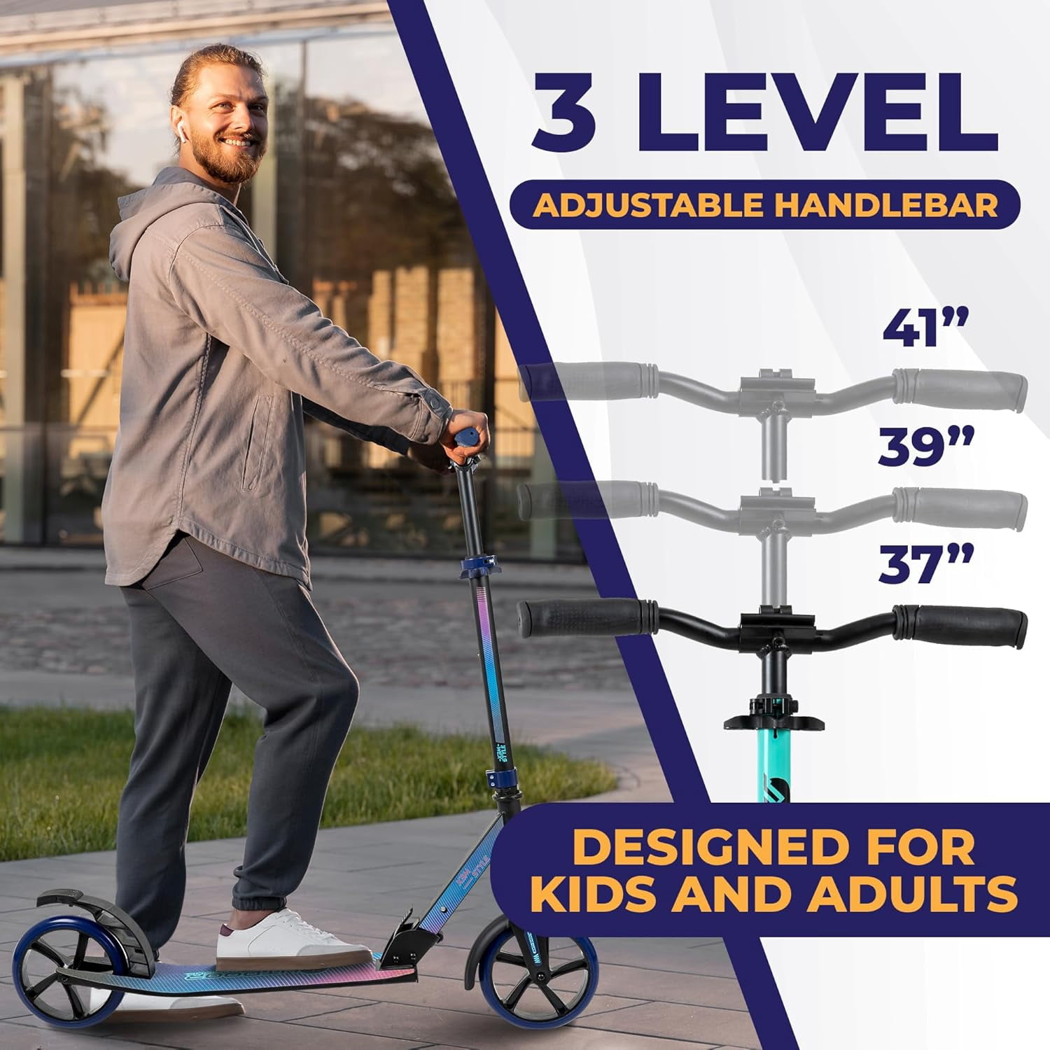 Outdoor Cruiser Kick Scooter for Ages 6+, for Kids, Teens, and Adults, Max Load 250 LBS, Foldable, 8-inch Big Wheels, Dual Suspension, 3 Adjustable Levels, Child Safety Approved, Yellow and Pink