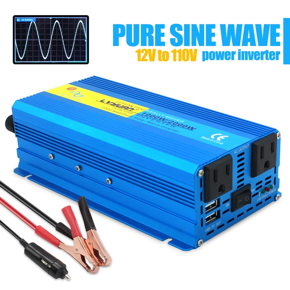 Yinleader 1000 Watt Pure Sine Wave Power Inverter 12V to 110V DC to AC Converter with 2 USB Ports and 2 AC
