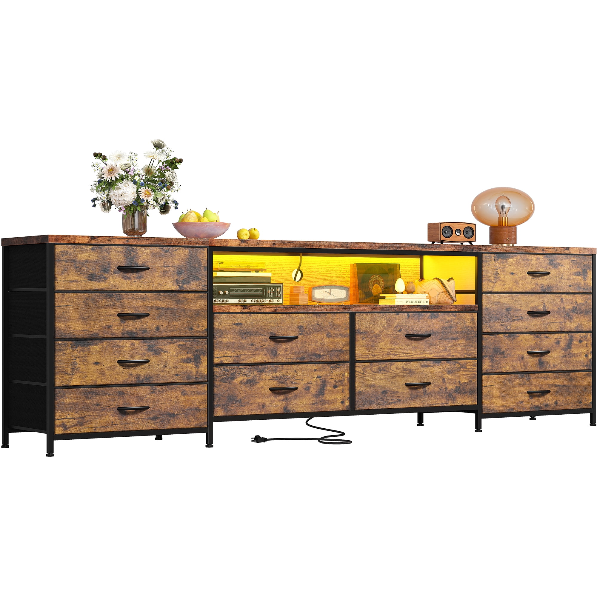 EnHomee Wide Dresser TV Stand for 65 70 75 Inch Dresser for Bedroom with LED Lights & Power Outlets & 12 Fabric Drawers,Rustic Brown