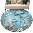 thumbnail image 2 of 6ft Round Rug, Coastal Jellyfish Non-Skid Rubber Backing Large Area Rugs - Living Room Bedroom Home Office, Blue Coral Starfish Abstract Painting Indoor Floor Mat Carpets Washable Rug, 2 of 9