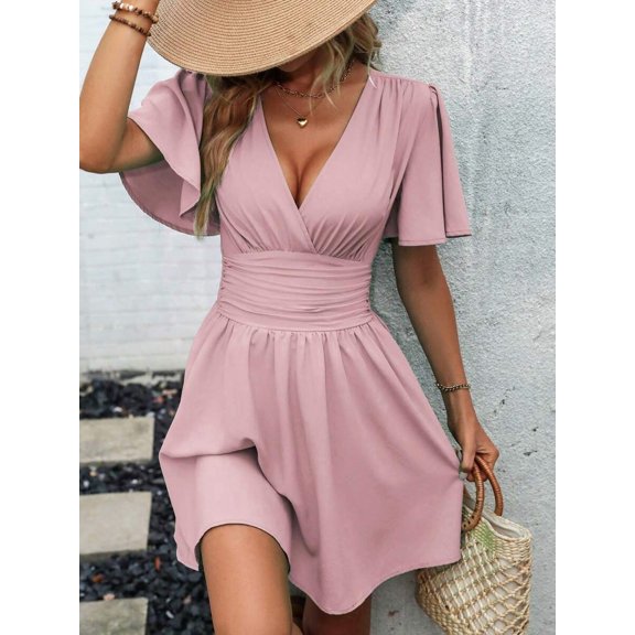 Dusty Pink Solid Cross Wrap Short Sleeve Ruffle Waist Pleated Mini Dress