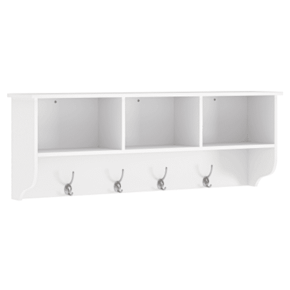 Wall Mounted Coat Rack with Shelf, White Entryway Organizer with 3 Storage Cubbies and 4 Dual Hooks, Wooden Wall Shelf for Living Room, Bathroom & Hallway