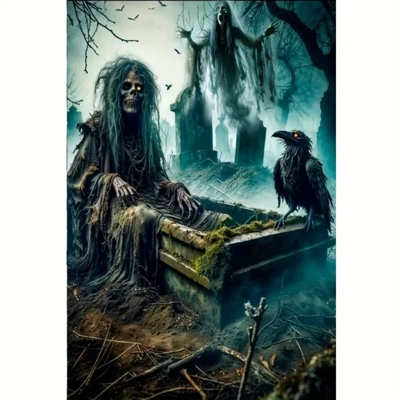 DIY 5D Diamond Painting By Number Kits Full Round Drill Horror Characters Skeleton Ghost and Crow Art Rhinestone Embroidery Cross Stitch Craft for Home Wall Decoration