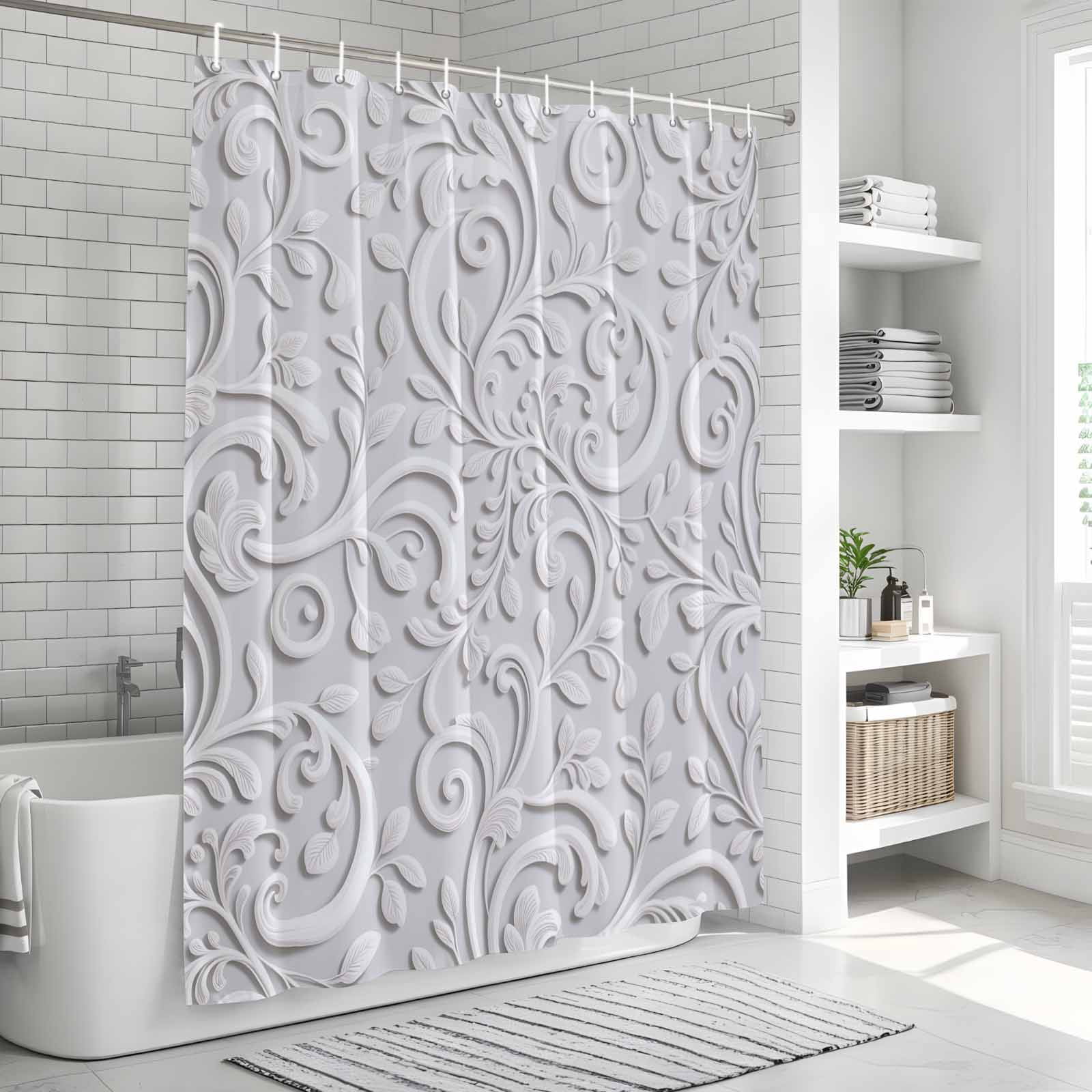 Floral Patterns Shower Curtain, Waterproof Shower Curtains for Bathroom, Silver White Flowers Leaves Aesthetic Washable Fabric Bathtub Curtain Set Bath Decor with 12 Hooks Long 72"x84"