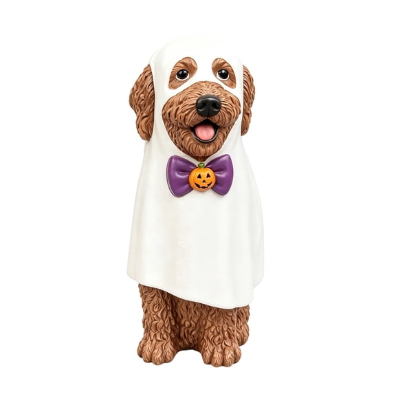 Detailed Resin Statue, Halloween Ghost Goldendoodle Figurine, Cute Puppy Ghost Ornament, Indoor Outdoor Spooky Holiday Tabletop Decor, 7.9 X 4 X 3.1 Inch
