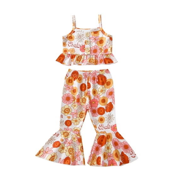 Bagilaanoe Toddler Kid Girl Clothes Set Letter/Butterfly Floral Printed Sling Buttons Ruffle Hem Tank Tops with Elastic Waist Flared Pants