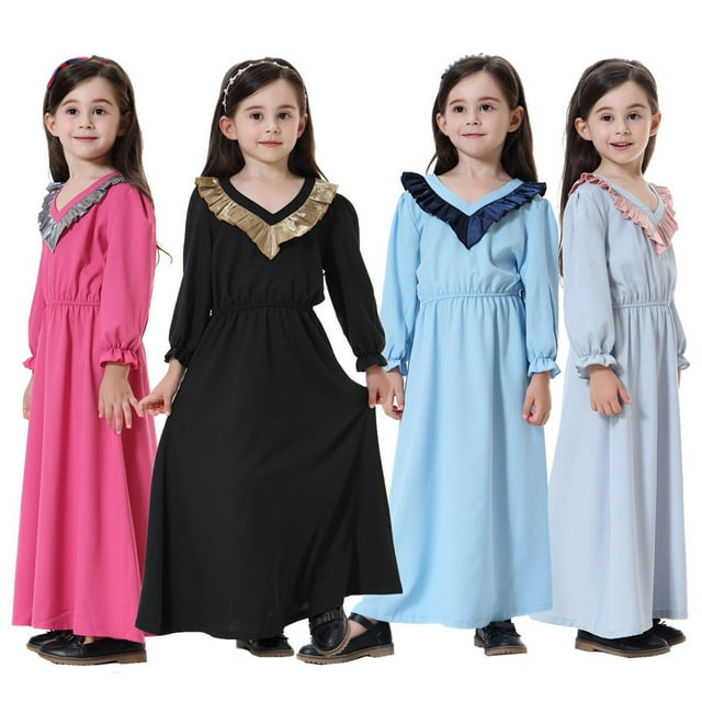 Robe pour Bébé Fille Col en V Manches Longues Robe Longue Unie Décontractée pour Filles Rose Vif 6-7 Ans