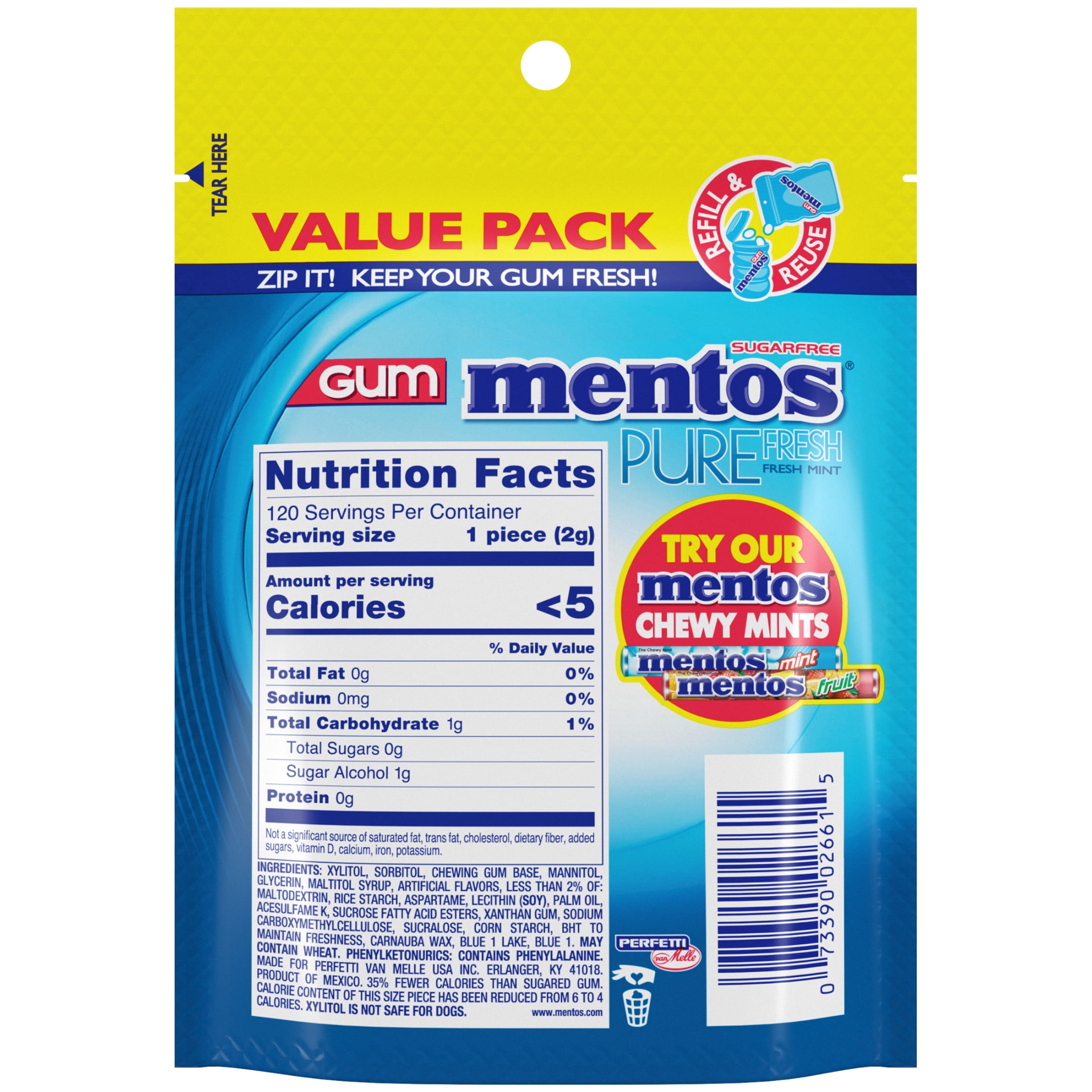 Mentos Pure Fresh Sugar-Free Fresh Mint Xylitol Chewing Gum, 120 Count Resealable Bag