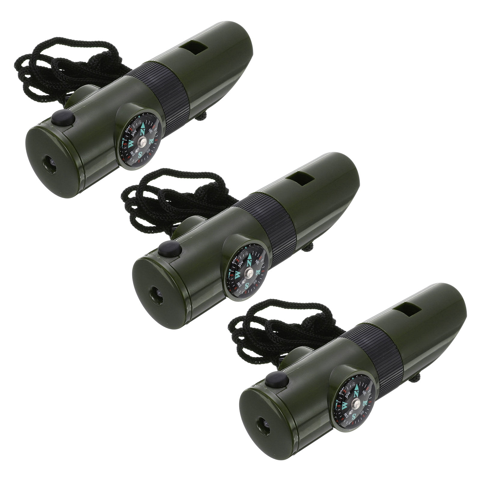 7-in-1 Survival Whistles Multi-Tool Whistle with Compass Thermometer Lanyard Green 3 Pack