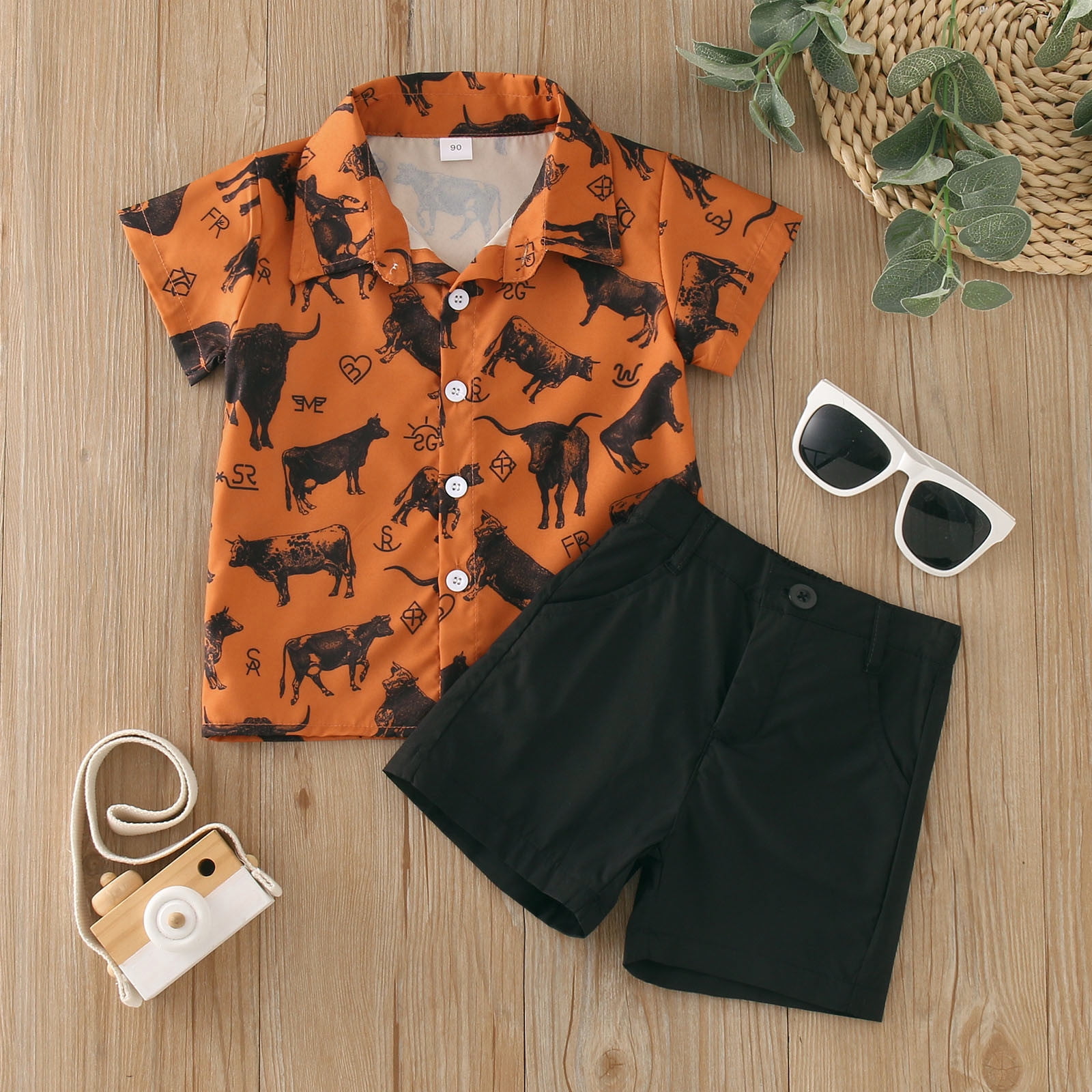 Little Boys Outfit Sets Short Sleeve Cartoon Prints T Shirt Tops Shorts Child Gentleman Outfits