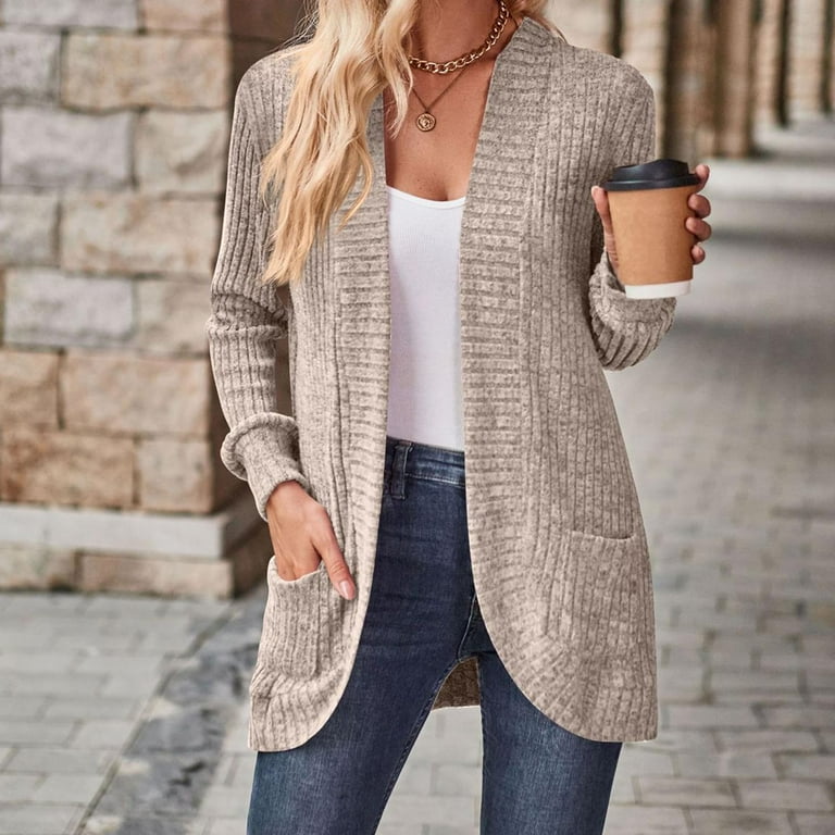 JGGSPWM Womens Classic Pocket Cardigan, Long Sleeve Ribbed Knit
