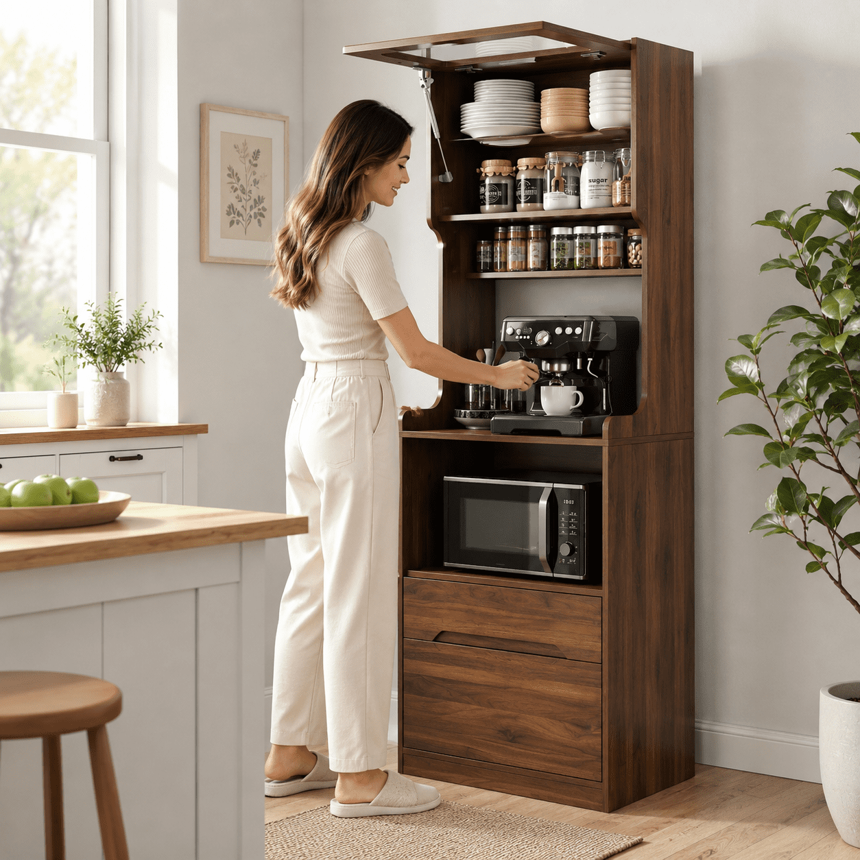 Aukfa 71" Tall Pantry Cabinet with Pull-Out Drawer, Walnut Kitchen Hutch W/Lift-up door Farmhouse Buffet Sideboard