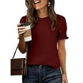 thumbnail image 4 of MaFYtyTPR Women's Short Sleeve Tops Fashion Spring Summer Clothing Solid Color Base T-shirt Lace Sleeve Round Neck Blouse A-Wine L, 4 of 5