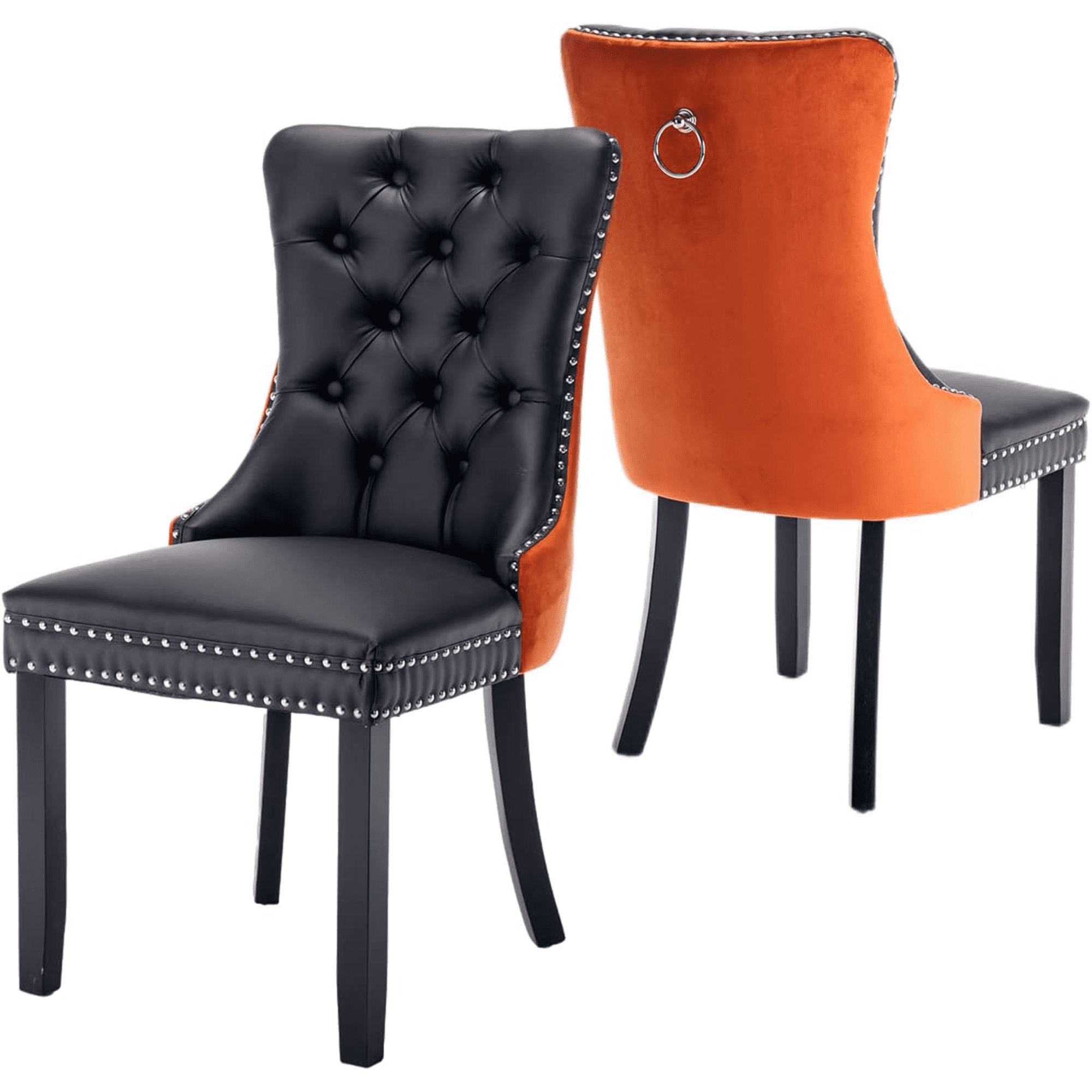 PORKISS Dining Chairs Set of 2, Modern Wood and PU Dining Chairs with Back Ring and Nailhead Trim, Upholstered Tufted Velvet Chair with Wood Legs for Dining Room, Kitchen, Black/Orange