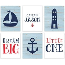 Koyal Wholesale Personalized Nautical Theme Nursery Hanging Wall Art, Rustic Blue Wood, Boat, Anchor