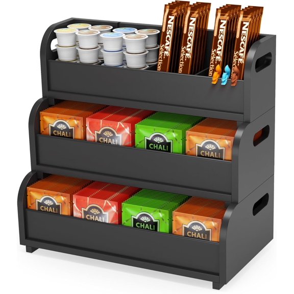 Tea Bag Organizer Storage Holder- Bamboo Countertop Teabag Display Rack 3-Tier Stackable Wall Mount Large Capacity for Pantry Kitchen Office Coffee Station (Black)
