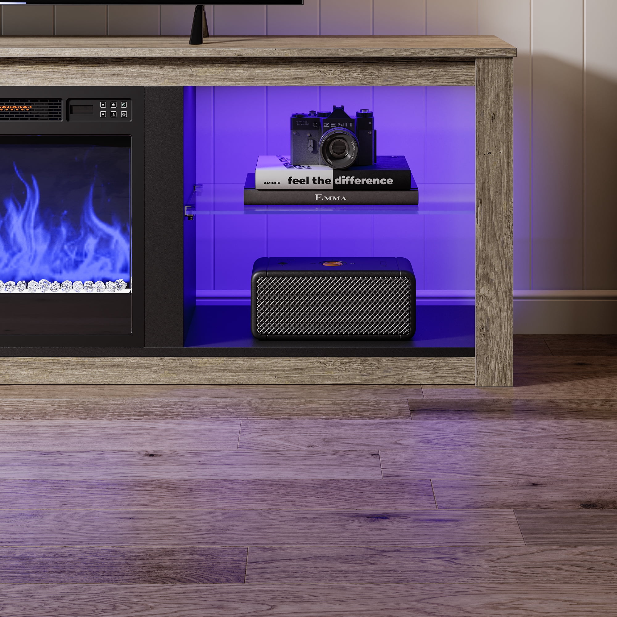 Bestier Electric Fireplace TV Stand Modern Entertainment Center for TVs up to 75" with LED Light and Storage Shelves in Wash Gray