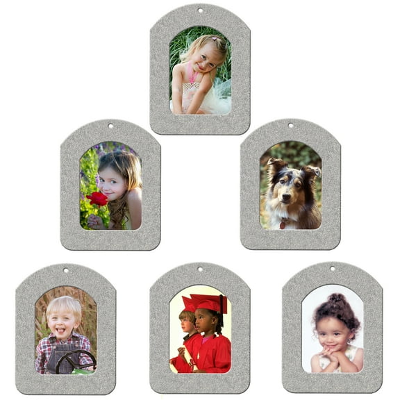 Expressly Yours! Mini Magnetic Glitter Picture Frame Christmas Ornaments with Photo Protectors, Vertical Silver, 6-Pack