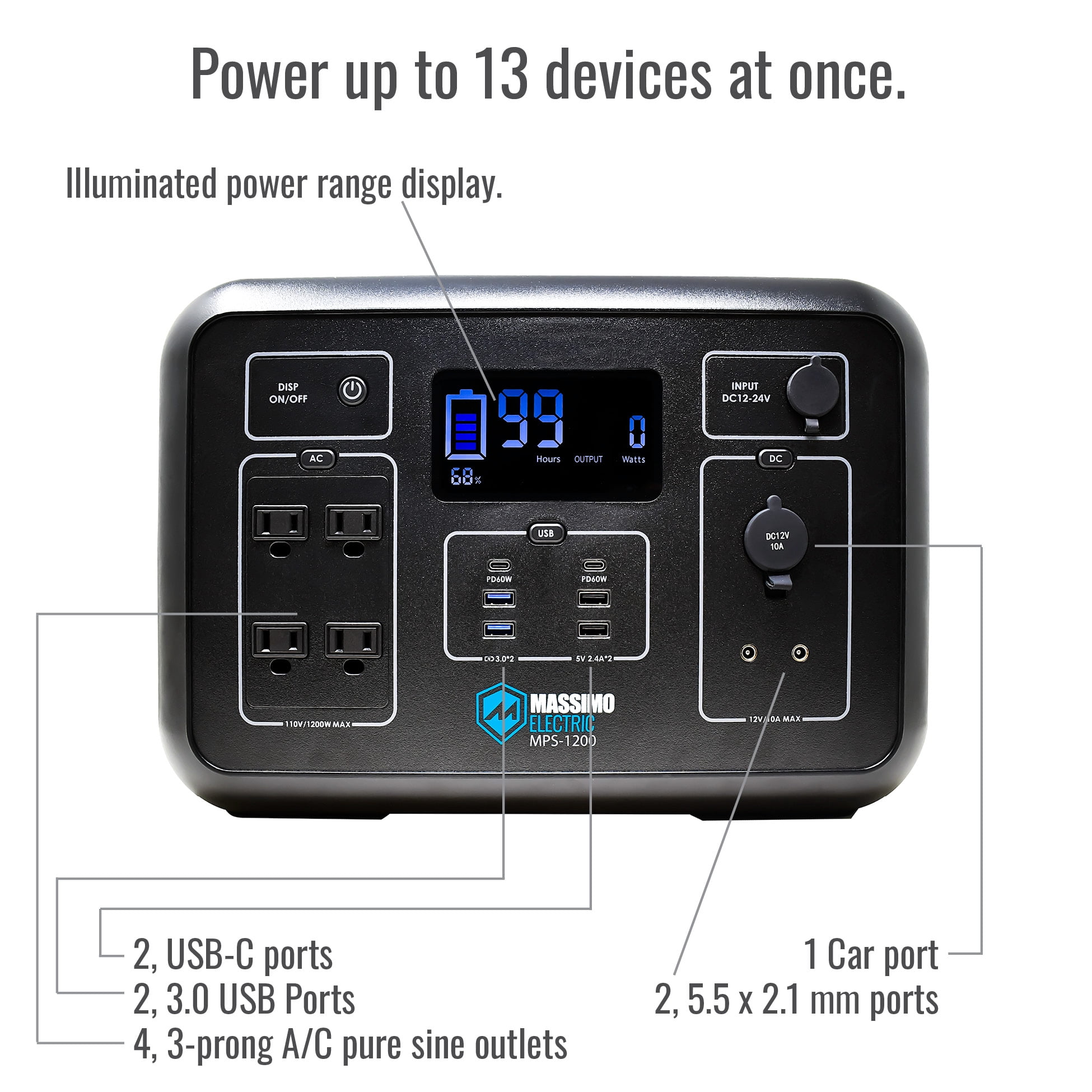 Massimo 1200W Electric Portable Power Station for Emergencies, Camping & Travel