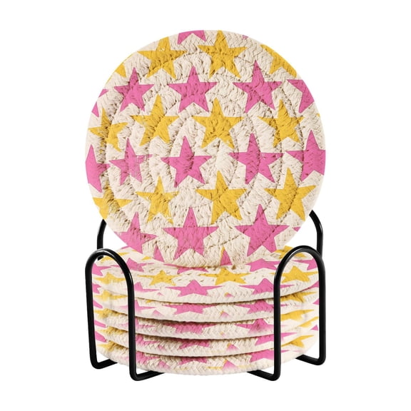 Yayeee 6 PCS Drink Coasters with Holder Set Woven Absorbent Round Tabletop Hot Pad, Yellow Pink Stars