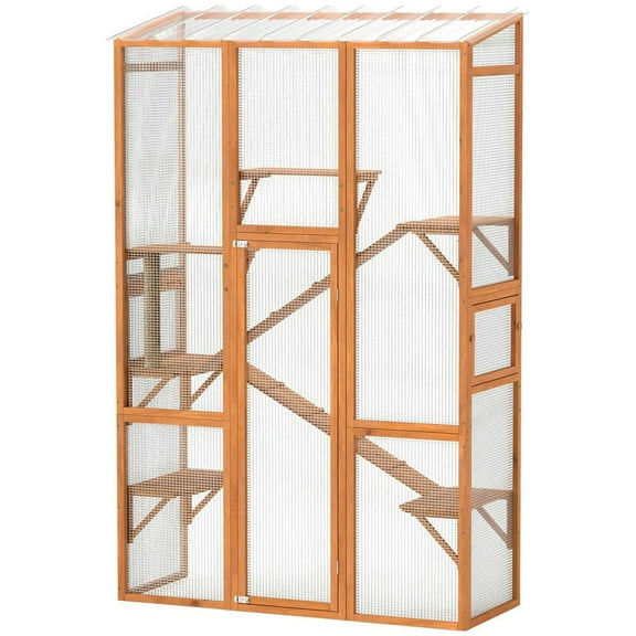 Topcobe Outdoor Catio Cat Enclosure, Large Wooden Cat House with 6 Jumping Platforms, Scratching Post, 2 Ramps, for 2-3 Kittens, Outdoor Wooden Feral Cat Shelter
