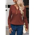 thumbnail image 5 of Women's Brown Trimmed Neckline Waffle Knit Henley Top, 5 of 5