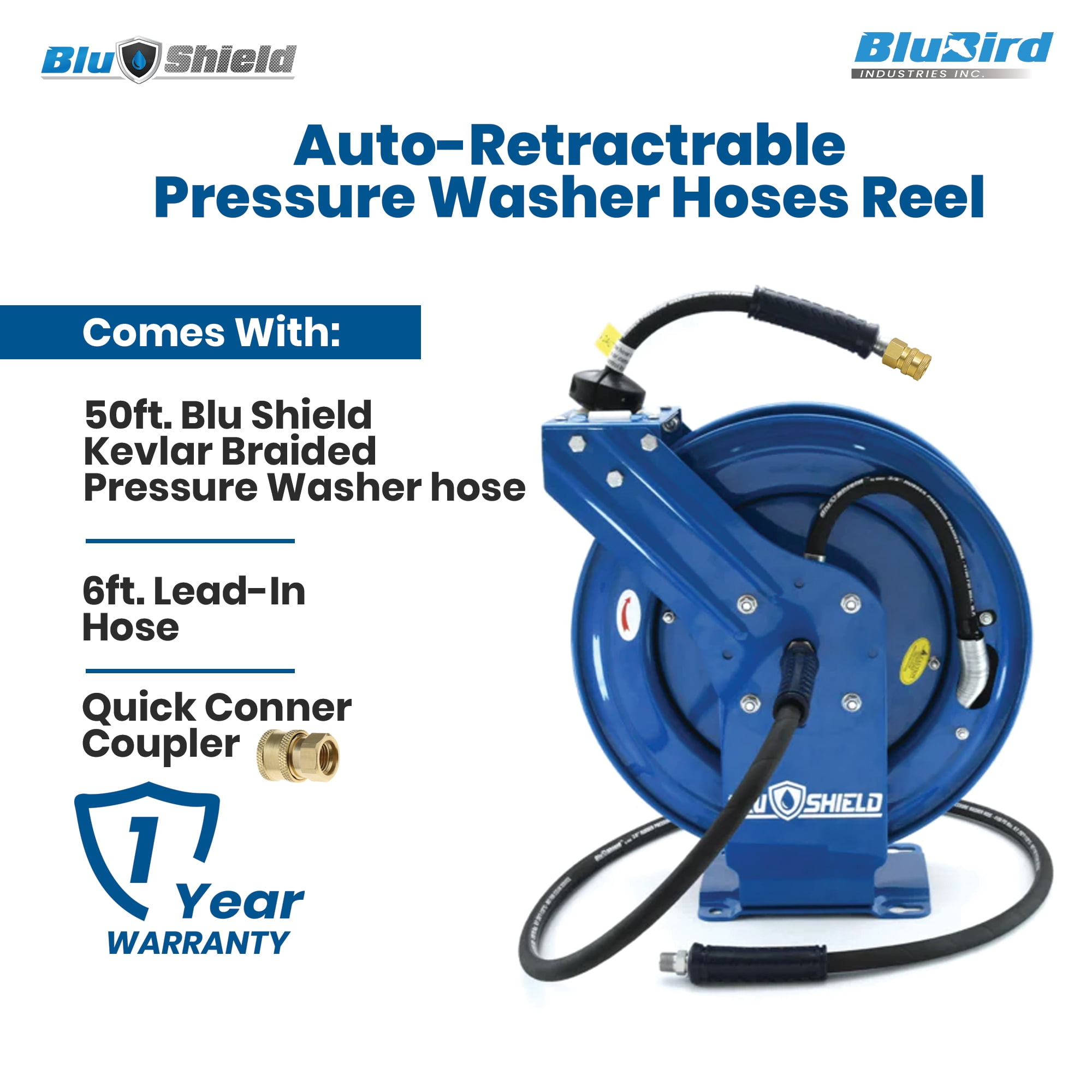 BluShield Pressure Washer Hose Reel with Aramid Braided Hose, 4100 PSi 6' Lead-in Hose, NPT, Lighter, Stronger, Flexible, 1-Year Warranty (3/8" x 50' w/Coupler Plug)