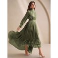 thumbnail image 5 of High-Neck Long Sleeve Pleated Ruffle Hem Maxi Dress In Olive Green, 5 of 26