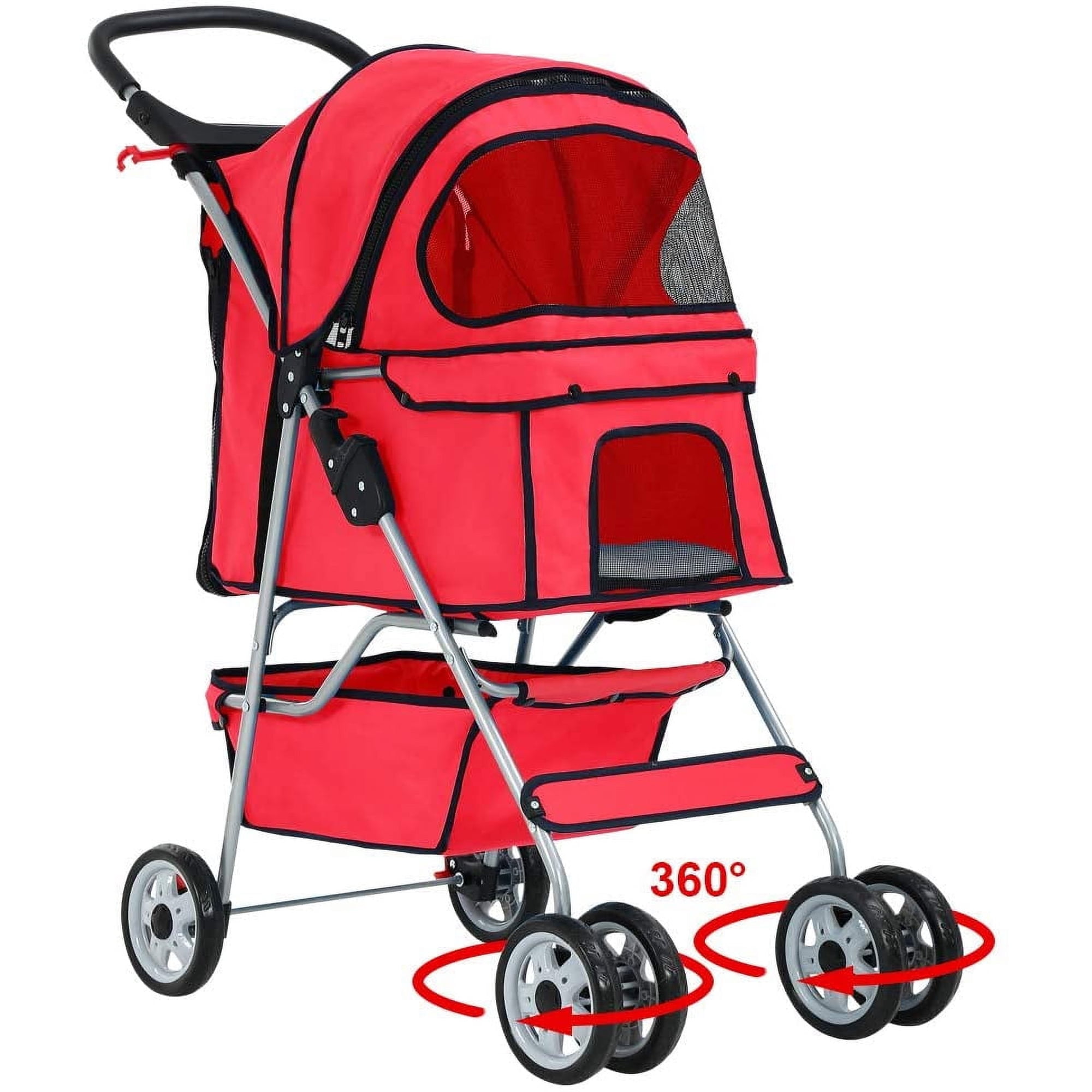 BestPet 4 Wheel Folding Pet Stroller, Red, Cat, 4 Wheels