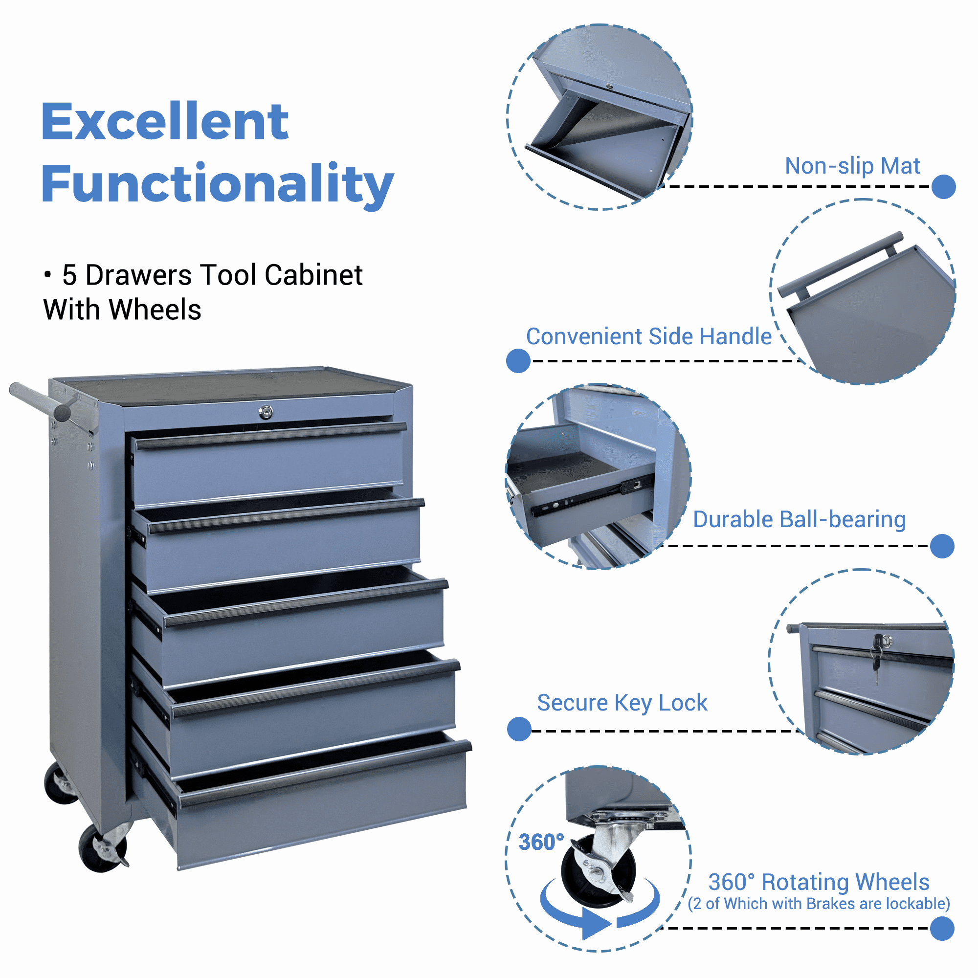Rolling Metal Tool Chest,20 Inch 5-Drawer Tool Storage Cabinet with Lockable Casters & Steel Top Work Surface, Removable Tool Box, Mobile Tool Cart Organizer for Garage Workshop,Grey
