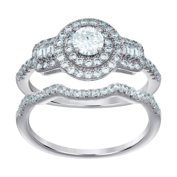 925 Sterling Silver Womens Baguette Round Cubic Zirconia Duo Bridal Ring Set Size 7 Ring for Women