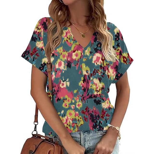 Fiudx Ofertas Flash Del Día Camiseta Holgada Informal de Manga Corta con Cuello En V a Cuadros para Mujer