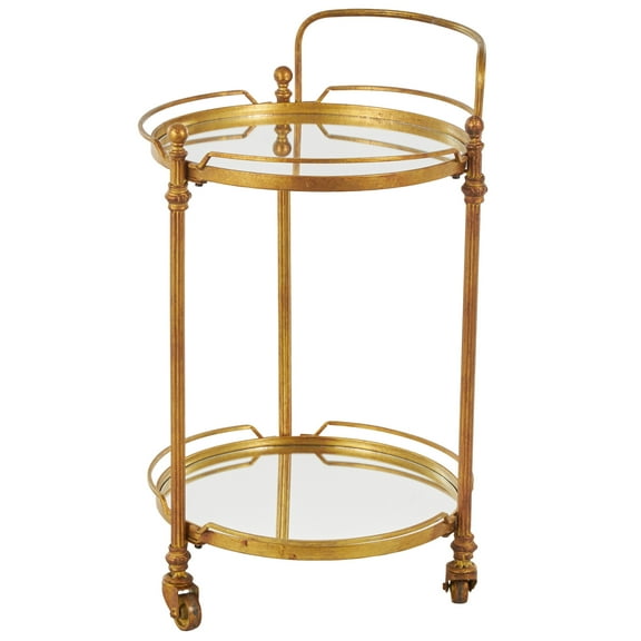 DecMode 19" x 31" Brass Metal Rolling 2 Shelf Bar Cart with Wheels and Handle, 1-Piece
