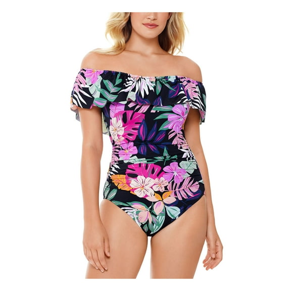 SWIM SOLUTIONS Women's Black Tropical Print Stretch Fixed Cups Lined Convertible Ruffled Deco Off The Shoulder One Piece Swimsuit 16