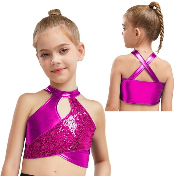 Hansber Dance Crop Tops for Girls Metallic Sequin T-shirt Tee Jazz Hip Hop Street Dance Outfits Athletic Vest Hot Pink 14