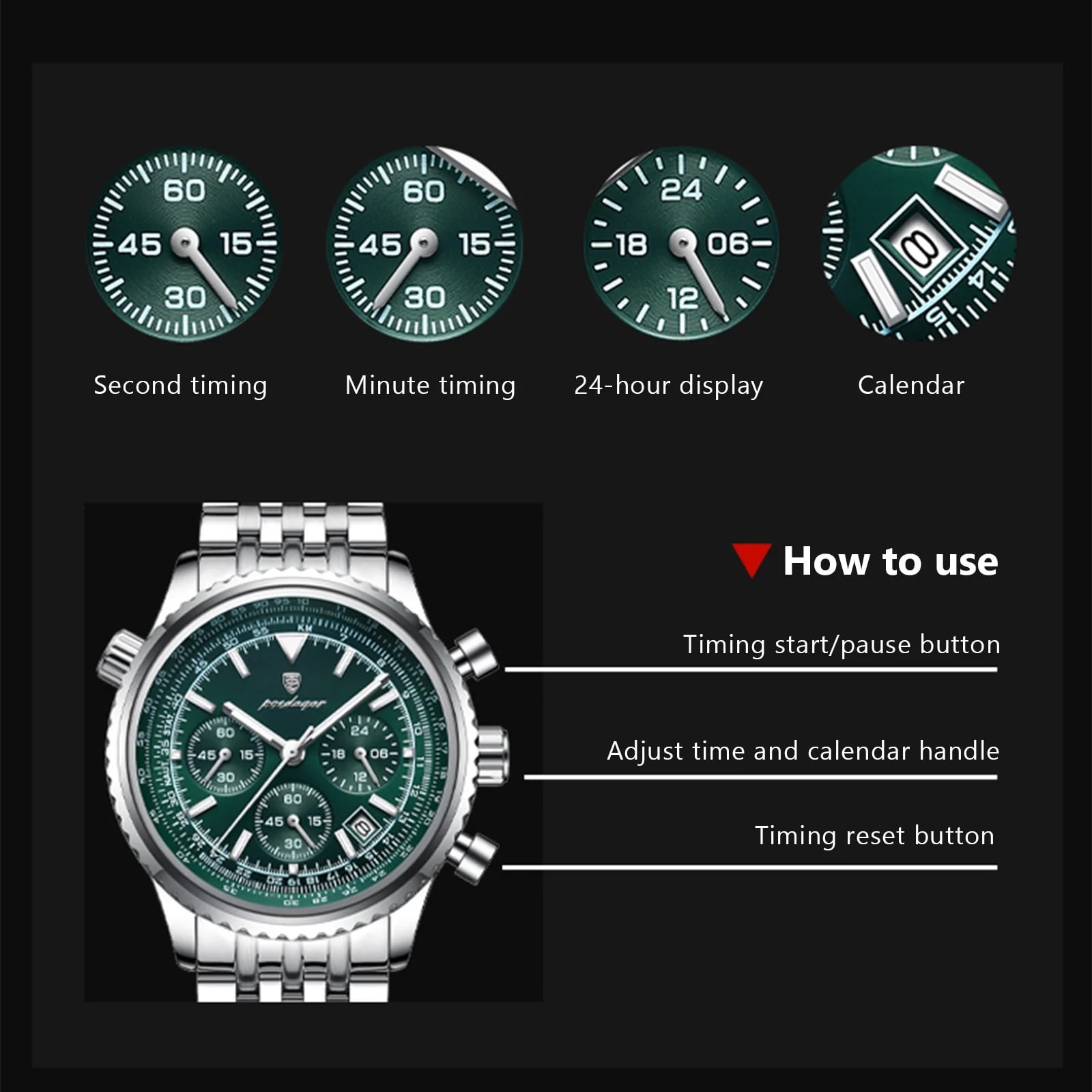 Poedagar Man Wristwatch Sport Quartz Stainless Steel Male Watches Waterproof Chronograph Watch