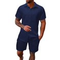 thumbnail image 3 of Men's Summer 2-Piece Set, Solid Color Jacquard Short Sleeve Button-Down Lapel Shirt and Shorts, Lightweight Casual Outfit For Vacation and Beach,Navy,2XL, 3 of 6