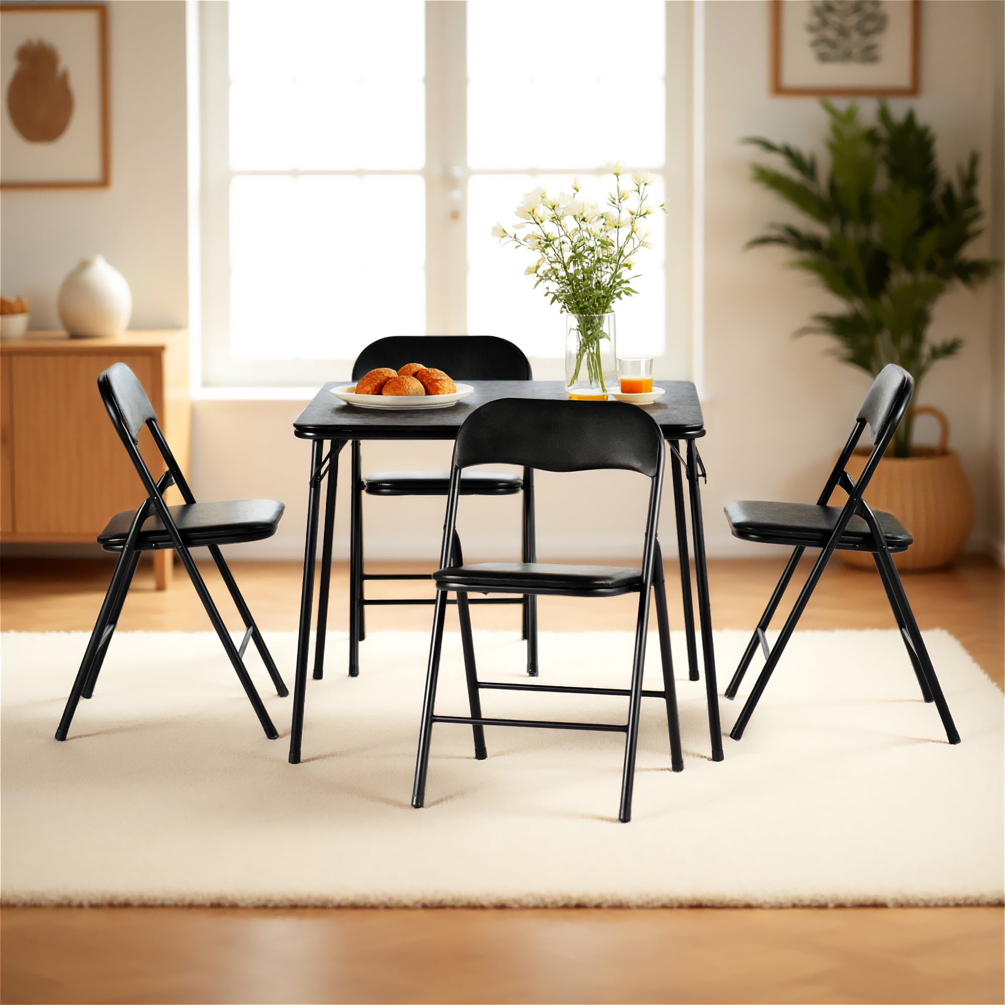 Homy Casa 5-Piece Folding Table and Chairs Set, 33.9in Dining Table with 4 Metal Chairs, Black