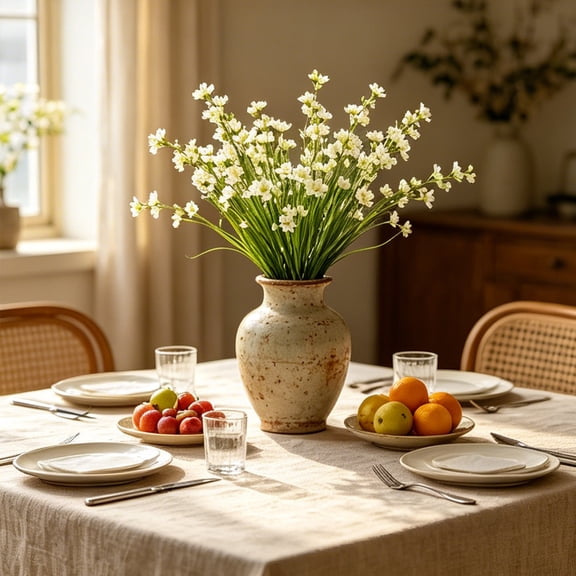 MMJ Artificial Wildflower Grass Stem White Blooms Green Blades 9.8in Faux Floral Sprig for Vase