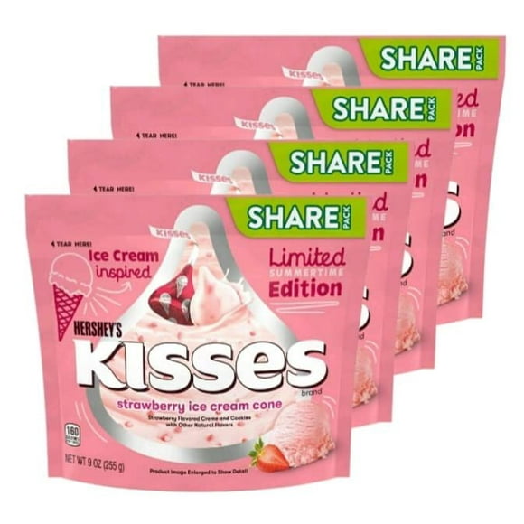 Hersheys Kisses Strawberry Ice Cream Cone Limited Edition  Pack of 4 Share Size Bags - 9 oz Per Bag - 36 oz Total